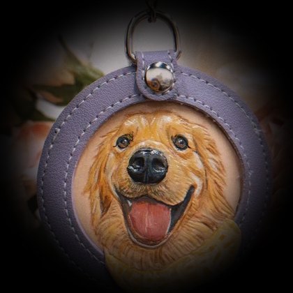 Golden retriever in a lavender frame